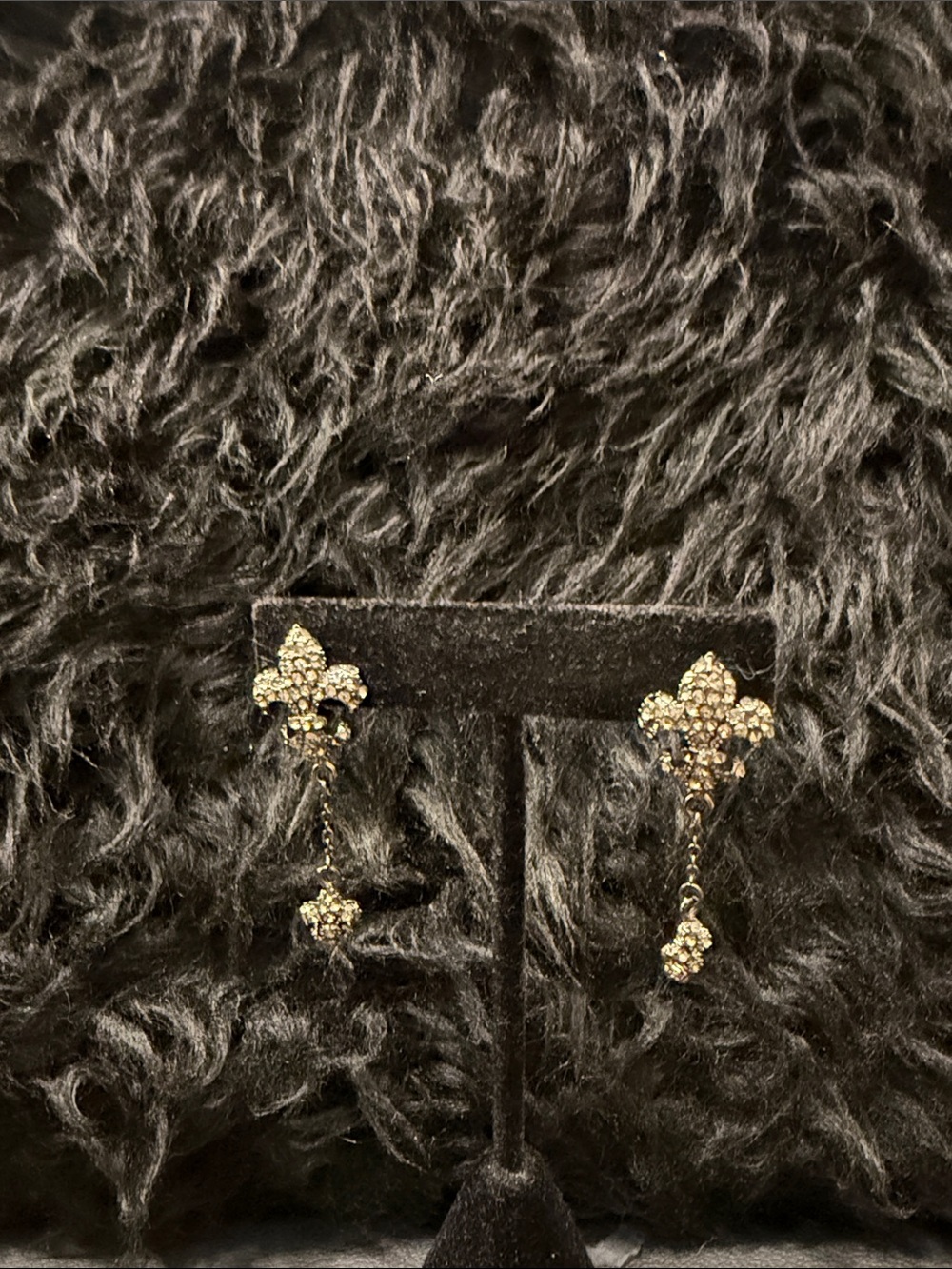 Rhinestone Fleur-de-Lis Drop Earrings - Blackened Silver
